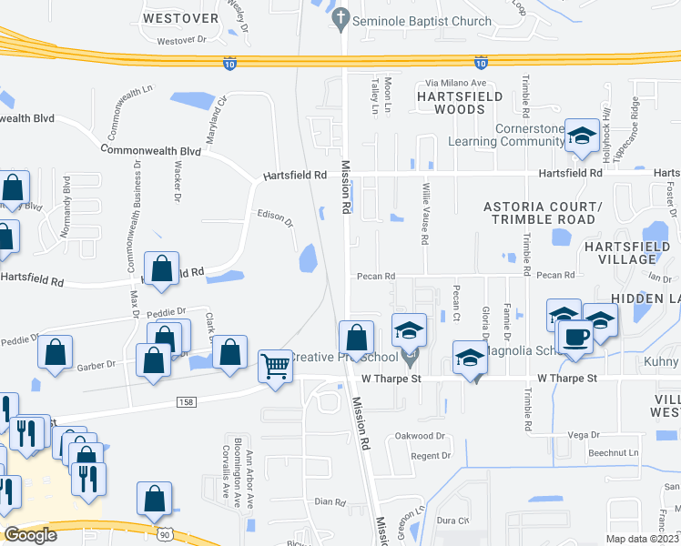 map of restaurants, bars, coffee shops, grocery stores, and more near 3112 Mission Road in Tallahassee