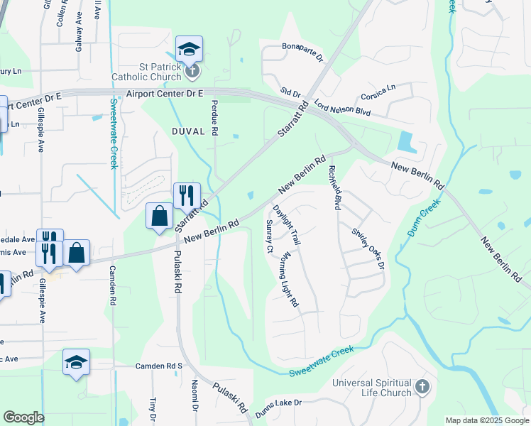 map of restaurants, bars, coffee shops, grocery stores, and more near 1179 Sunray Court in Jacksonville