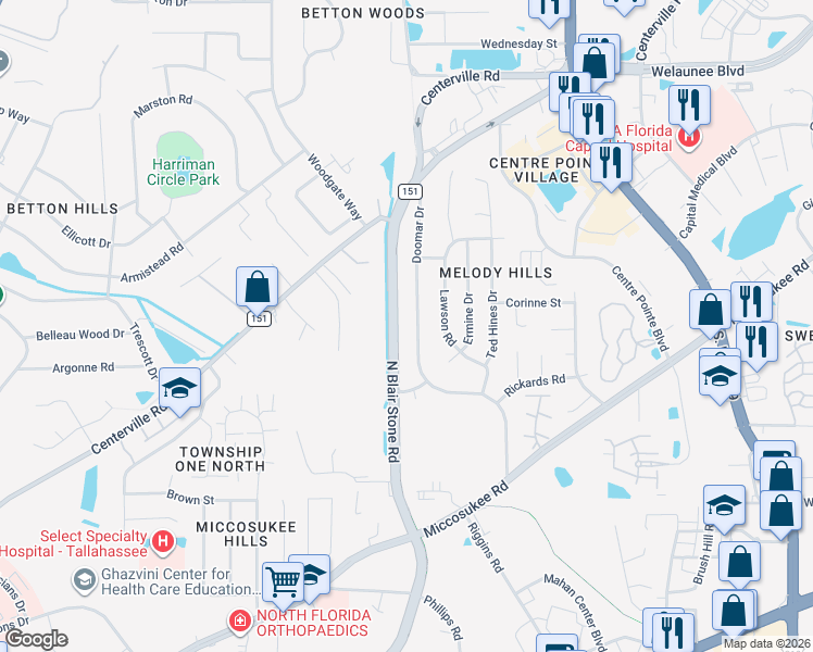map of restaurants, bars, coffee shops, grocery stores, and more near 2017 Doomar Drive in Tallahassee