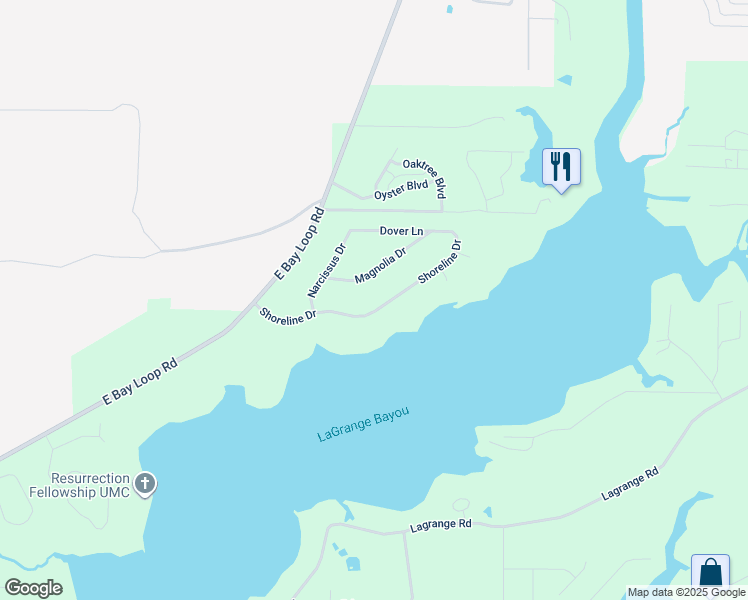 map of restaurants, bars, coffee shops, grocery stores, and more near 343 Shoreline Drive in Freeport