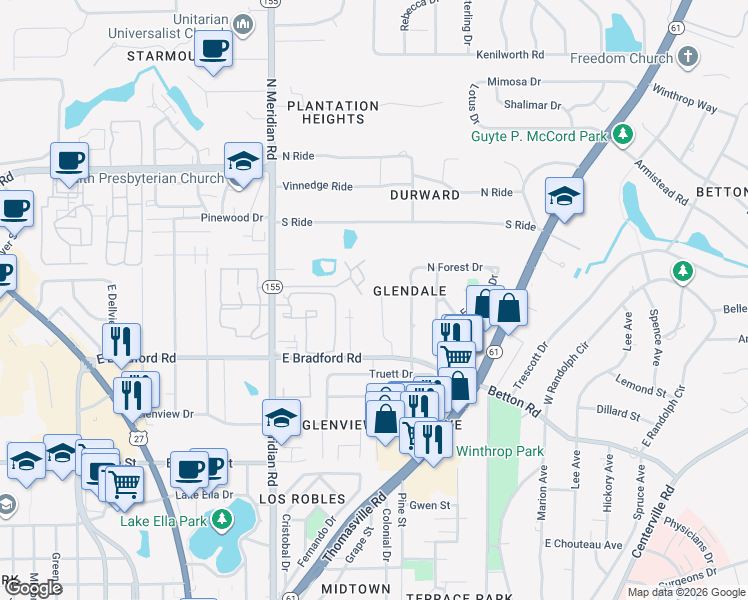 map of restaurants, bars, coffee shops, grocery stores, and more near 2020 Forest Glen Court in Tallahassee