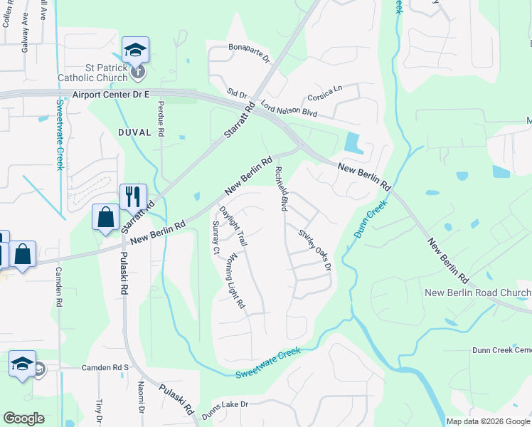 map of restaurants, bars, coffee shops, grocery stores, and more near 1298 Brighton Ridge Court in Jacksonville