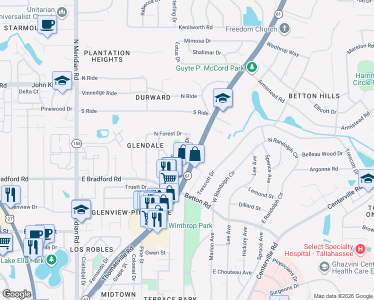 map of restaurants, bars, coffee shops, grocery stores, and more near 2017 East Forest Drive in Tallahassee