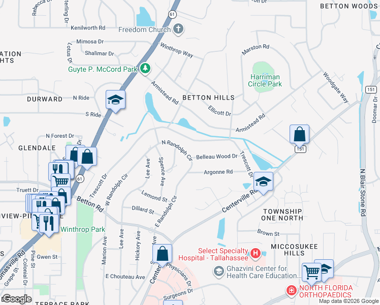 map of restaurants, bars, coffee shops, grocery stores, and more near 1412 North Randolph Circle in Tallahassee