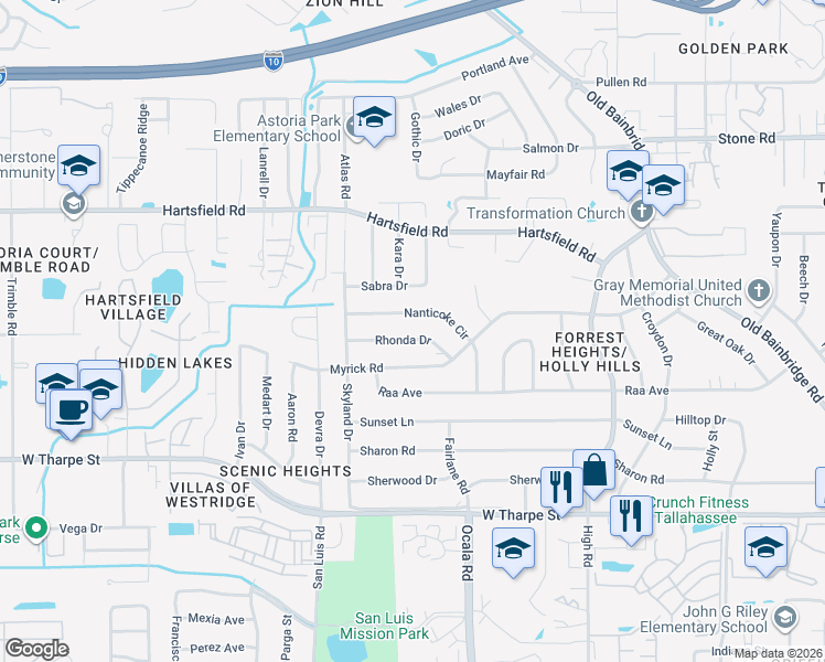 map of restaurants, bars, coffee shops, grocery stores, and more near 1914 Rhonda Drive in Tallahassee