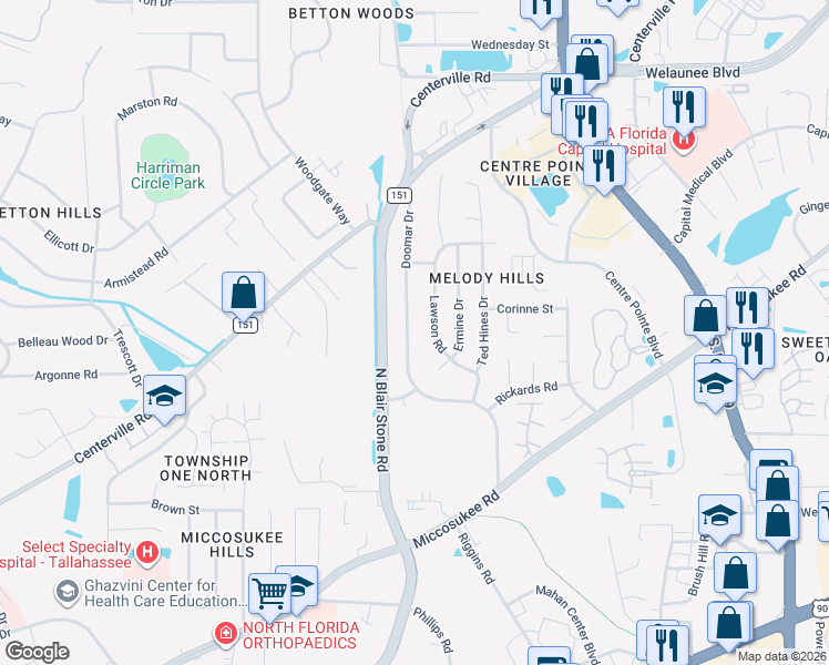 map of restaurants, bars, coffee shops, grocery stores, and more near 2017 Doomar Drive in Tallahassee