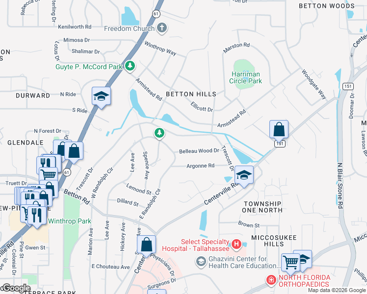 map of restaurants, bars, coffee shops, grocery stores, and more near 1500 Belleau Wood Drive in Tallahassee