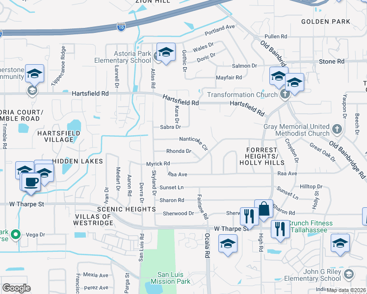 map of restaurants, bars, coffee shops, grocery stores, and more near 1914 Rhonda Drive in Tallahassee