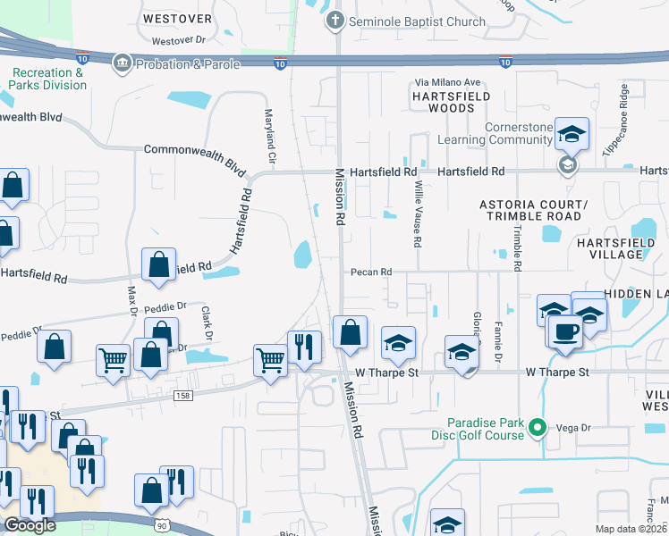 map of restaurants, bars, coffee shops, grocery stores, and more near 3118 Mission Road in Tallahassee