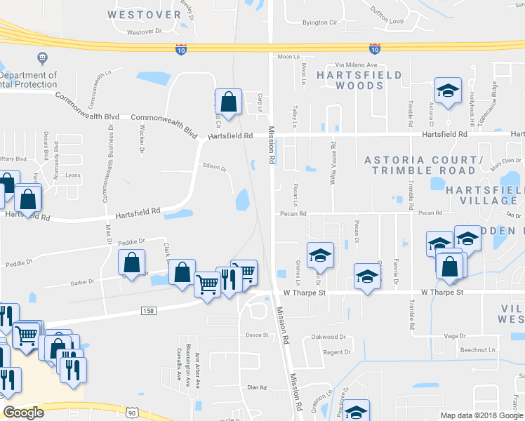 map of restaurants, bars, coffee shops, grocery stores, and more near 3118 Mission Road in Tallahassee