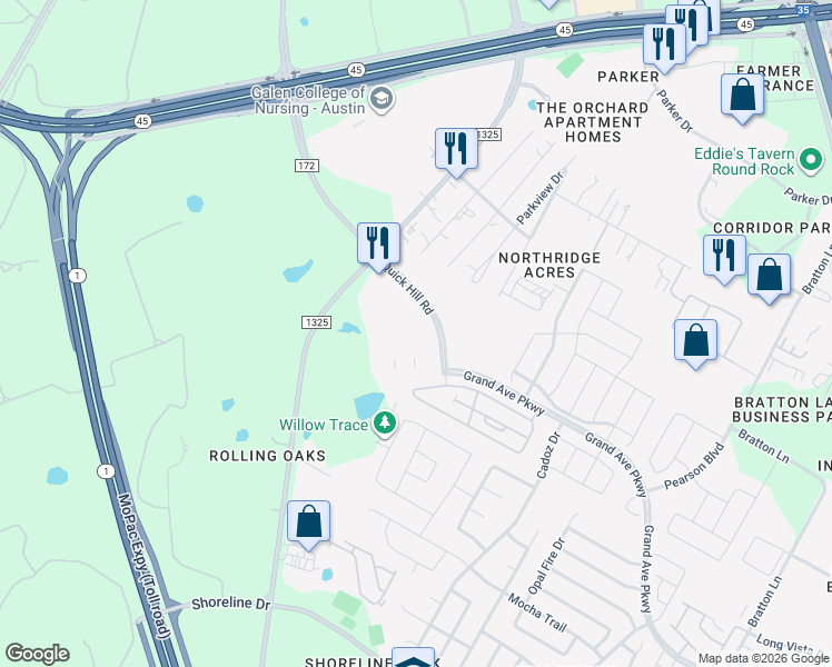 map of restaurants, bars, coffee shops, grocery stores, and more near 15 Quick Hill Road in Austin