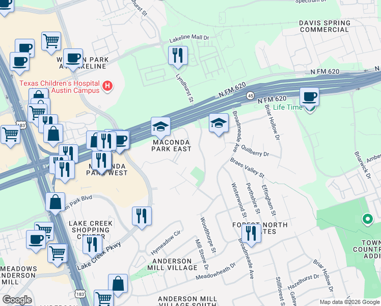 map of restaurants, bars, coffee shops, grocery stores, and more near 13420 Lyndhurst Street in Austin