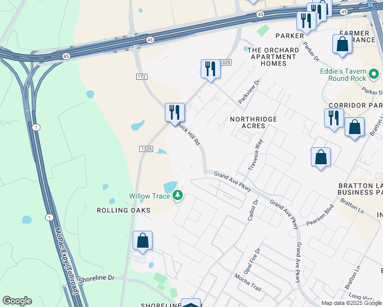 map of restaurants, bars, coffee shops, grocery stores, and more near 15 Quick Hill Road in Austin