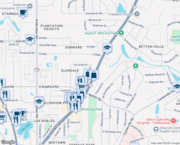 map of restaurants, bars, coffee shops, grocery stores, and more near 2017 East Forest Drive in Tallahassee