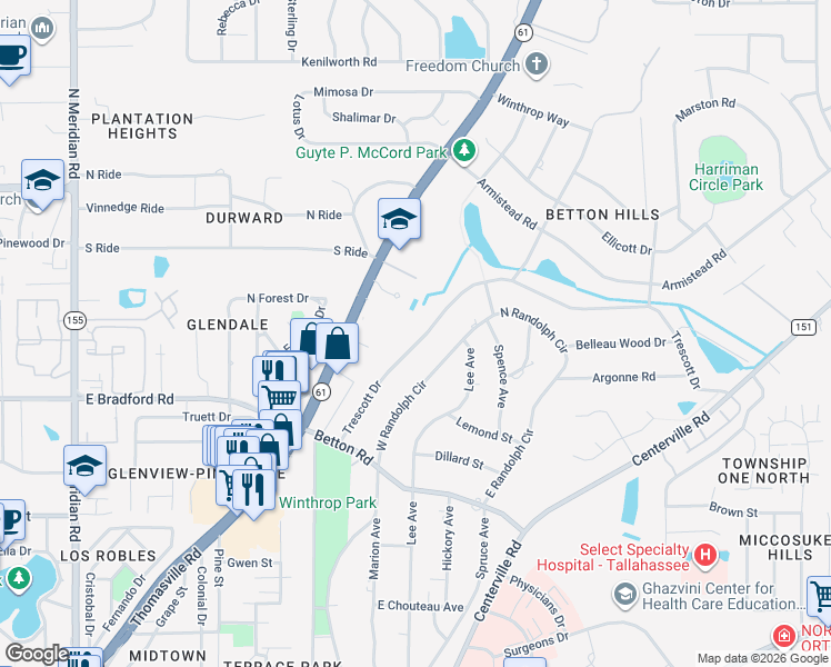 map of restaurants, bars, coffee shops, grocery stores, and more near 2110 Trescott Drive in Tallahassee