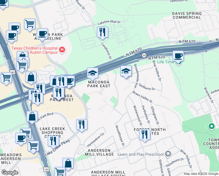 map of restaurants, bars, coffee shops, grocery stores, and more near 13420 Lyndhurst Street in Austin