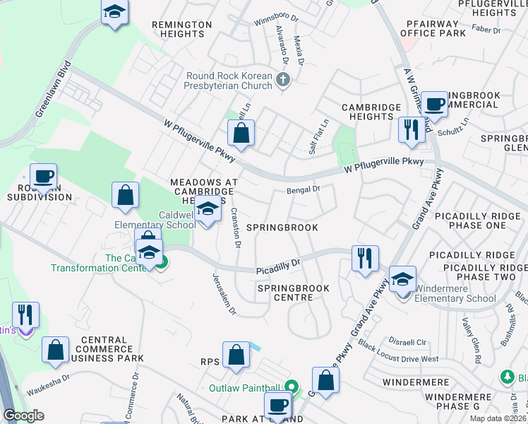 map of restaurants, bars, coffee shops, grocery stores, and more near 1703 Bengal Drive in Round Rock