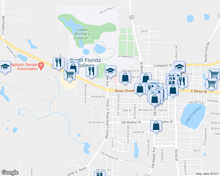 map of restaurants, bars, coffee shops, grocery stores, and more near 382 West Base Street in Madison
