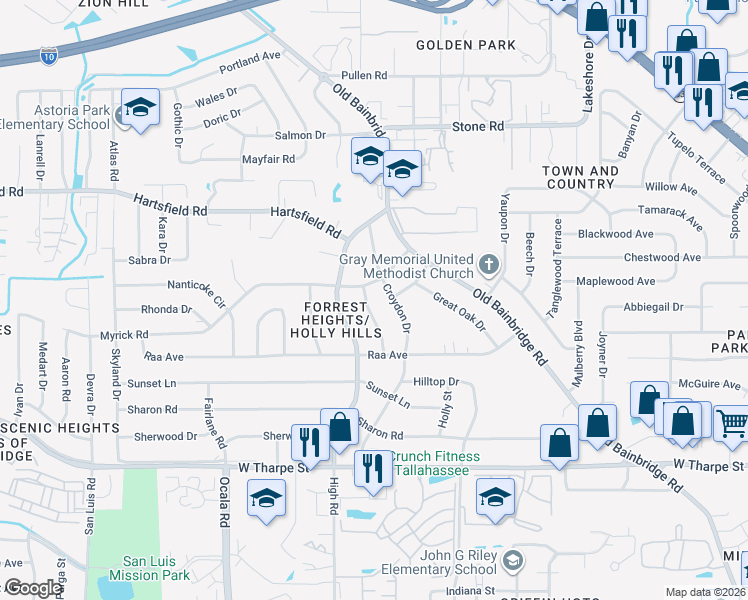 map of restaurants, bars, coffee shops, grocery stores, and more near 2115 Evergreen Drive in Tallahassee