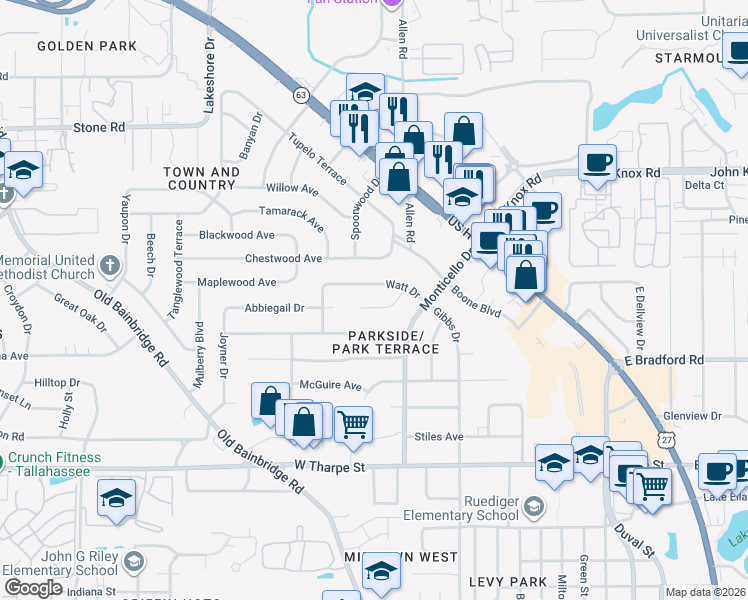 map of restaurants, bars, coffee shops, grocery stores, and more near 814 Abbiegail Drive in Tallahassee