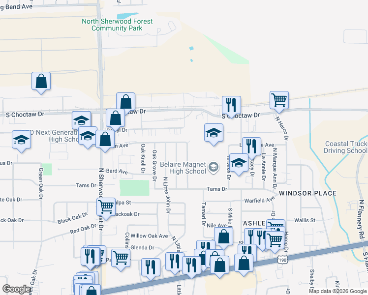 map of restaurants, bars, coffee shops, grocery stores, and more near 2236 Shady Oaks Drive in Baton Rouge