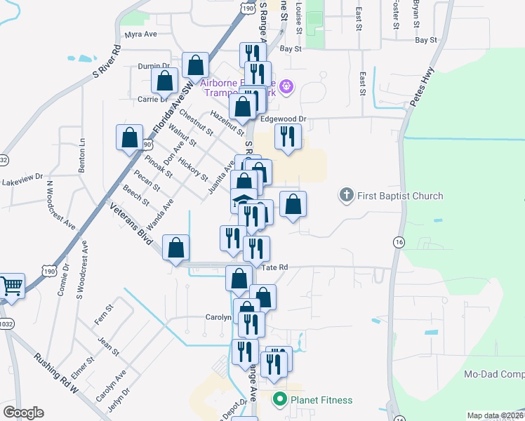 map of restaurants, bars, coffee shops, grocery stores, and more near 1208 South Range Avenue in Denham Springs