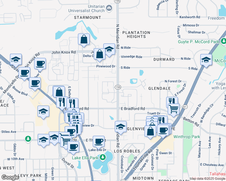 map of restaurants, bars, coffee shops, grocery stores, and more near 2000 North Meridian Road in Tallahassee