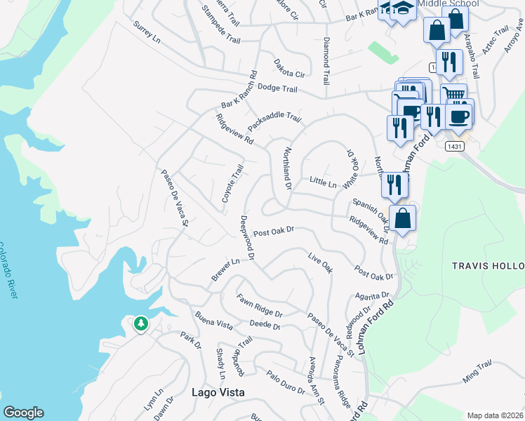 map of restaurants, bars, coffee shops, grocery stores, and more near 21013 Ridgeview Loop in Lago Vista