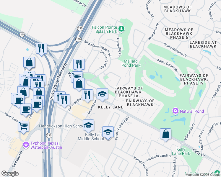 map of restaurants, bars, coffee shops, grocery stores, and more near 2207 Hanging Rock Drive in Pflugerville