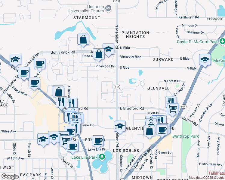 map of restaurants, bars, coffee shops, grocery stores, and more near 2000 North Meridian Road in Tallahassee