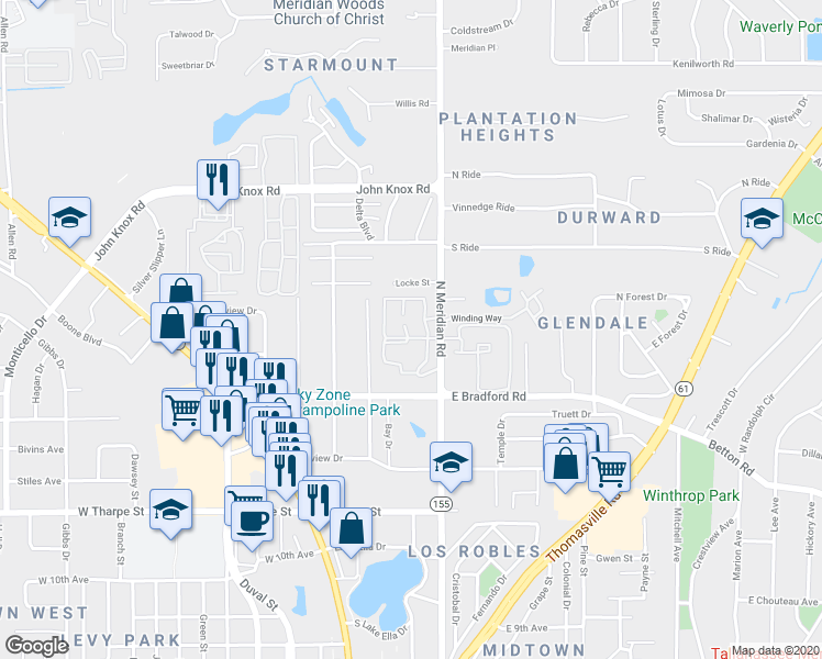 map of restaurants, bars, coffee shops, grocery stores, and more near 2000 North Meridian Road in Tallahassee