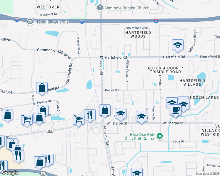 map of restaurants, bars, coffee shops, grocery stores, and more near 2769 Pecan Road in Tallahassee