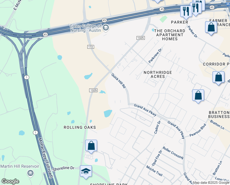 map of restaurants, bars, coffee shops, grocery stores, and more near 3703 Quick Hill Road in Austin