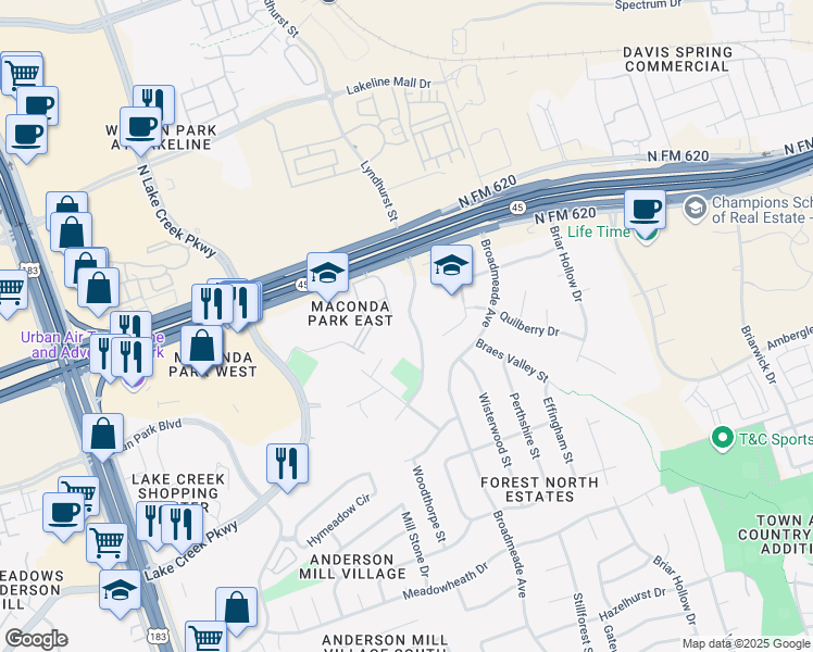 map of restaurants, bars, coffee shops, grocery stores, and more near 13420 Lyndhurst Street in Austin