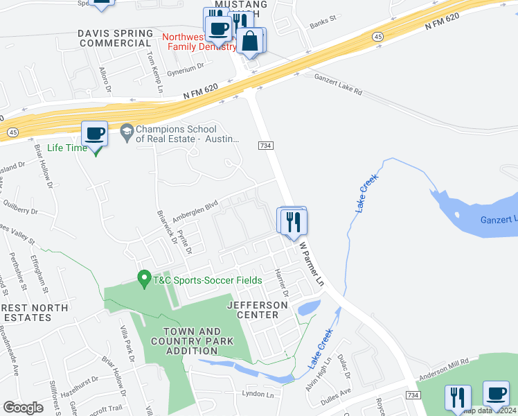 map of restaurants, bars, coffee shops, grocery stores, and more near Camden Amber Oaks II in Austin