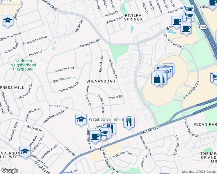 map of restaurants, bars, coffee shops, grocery stores, and more near 1613 Plateau Ridge in Cedar Park