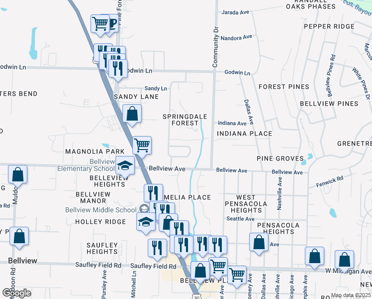 map of restaurants, bars, coffee shops, grocery stores, and more near 2058 Sequoia Circle in Pensacola
