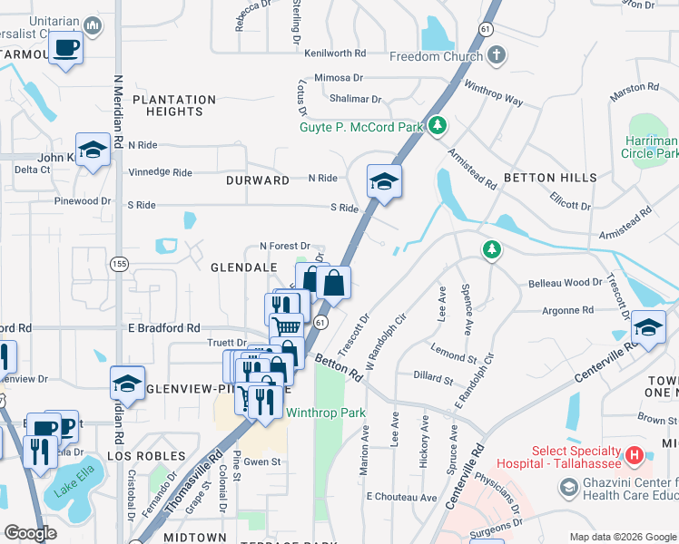 map of restaurants, bars, coffee shops, grocery stores, and more near 2060 Thomasville Road in Tallahassee