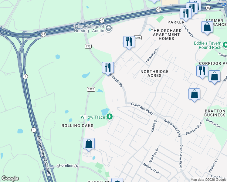 map of restaurants, bars, coffee shops, grocery stores, and more near 3701 Quick Hill Road in Austin