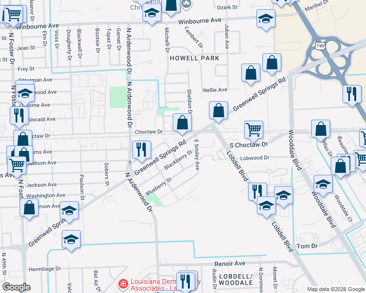 map of restaurants, bars, coffee shops, grocery stores, and more near 6545 Blackberry Street in Baton Rouge
