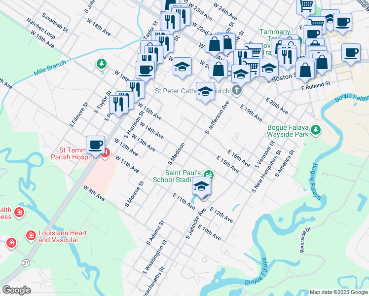 map of restaurants, bars, coffee shops, grocery stores, and more near 724 South Madison Street in Covington