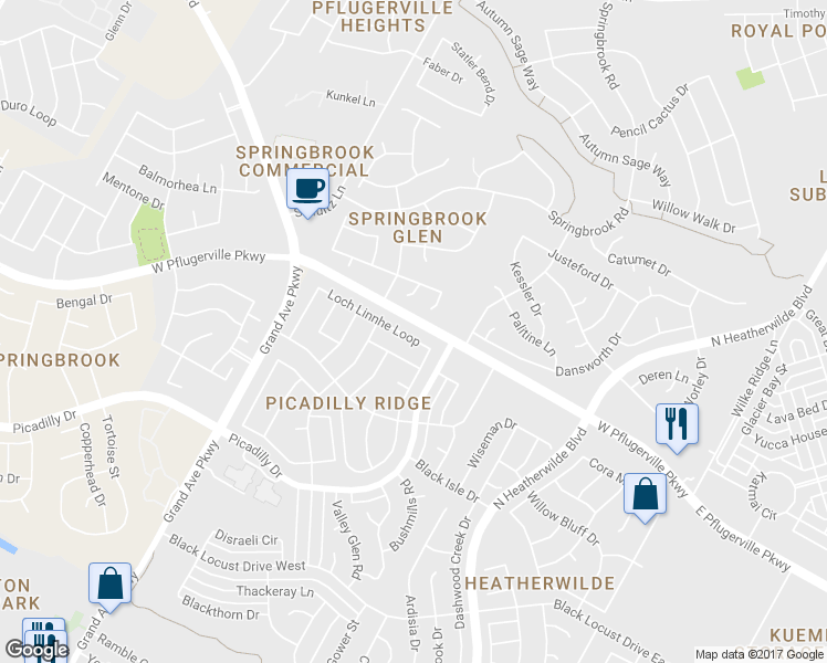 map of restaurants, bars, coffee shops, grocery stores, and more near 17625 Loch Linnhe Loop in Pflugerville