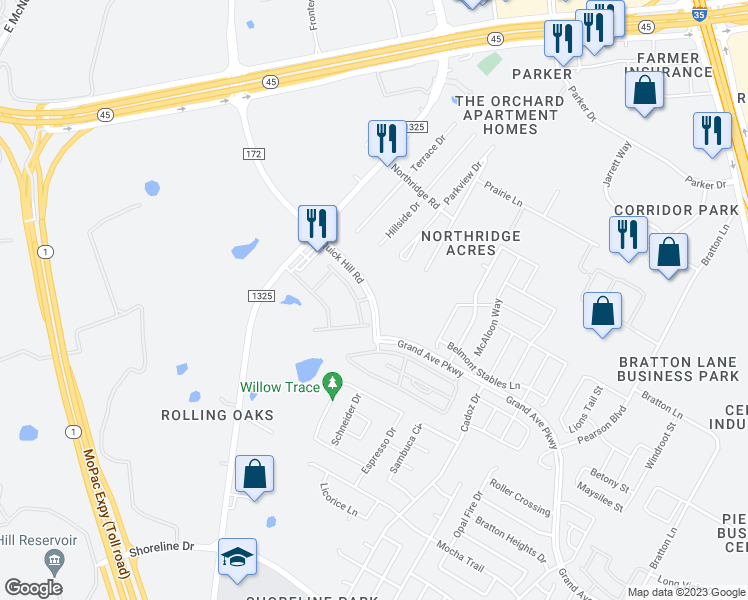 map of restaurants, bars, coffee shops, grocery stores, and more near 3703 Quick Hill Road in Austin