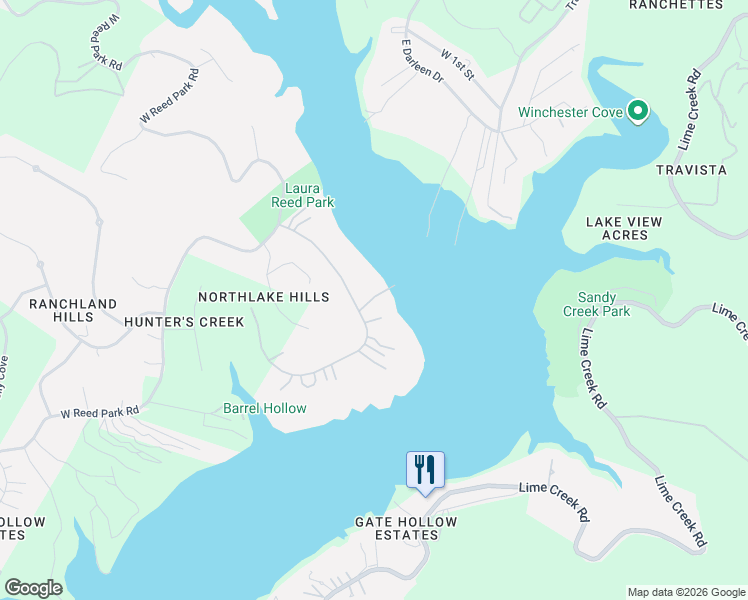 map of restaurants, bars, coffee shops, grocery stores, and more near 17216 Northlake Hills Drive in Jonestown