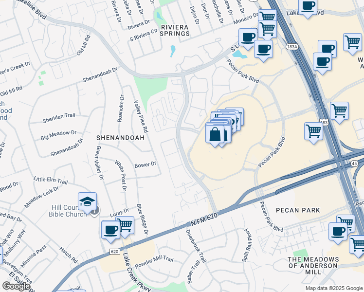 map of restaurants, bars, coffee shops, grocery stores, and more near Ridgeline Boulevard in Cedar Park