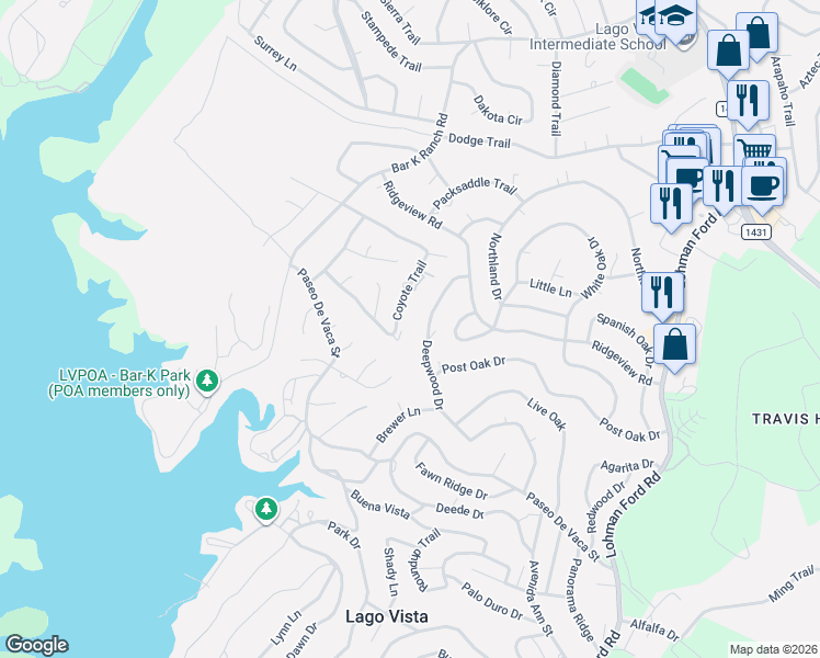 map of restaurants, bars, coffee shops, grocery stores, and more near 21459 Coyote Trail in Lago Vista