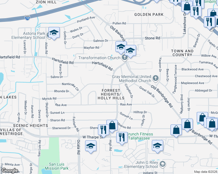 map of restaurants, bars, coffee shops, grocery stores, and more near 2114 High Road in Tallahassee