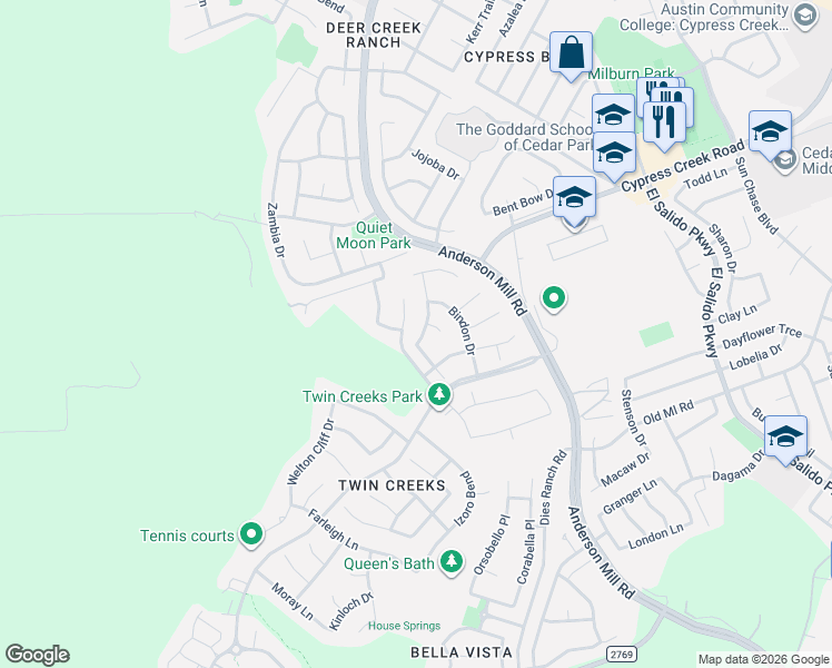 map of restaurants, bars, coffee shops, grocery stores, and more near 2102 Tattler Drive in Cedar Park