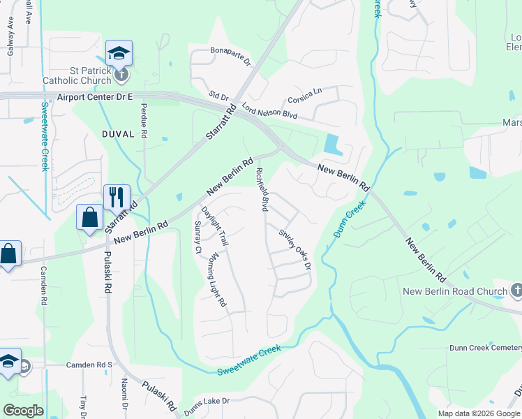 map of restaurants, bars, coffee shops, grocery stores, and more near 1298 Brighton Ridge Court in Jacksonville