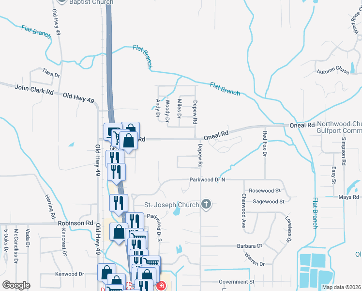 map of restaurants, bars, coffee shops, grocery stores, and more near 12516 Crestwood Drive in Gulfport